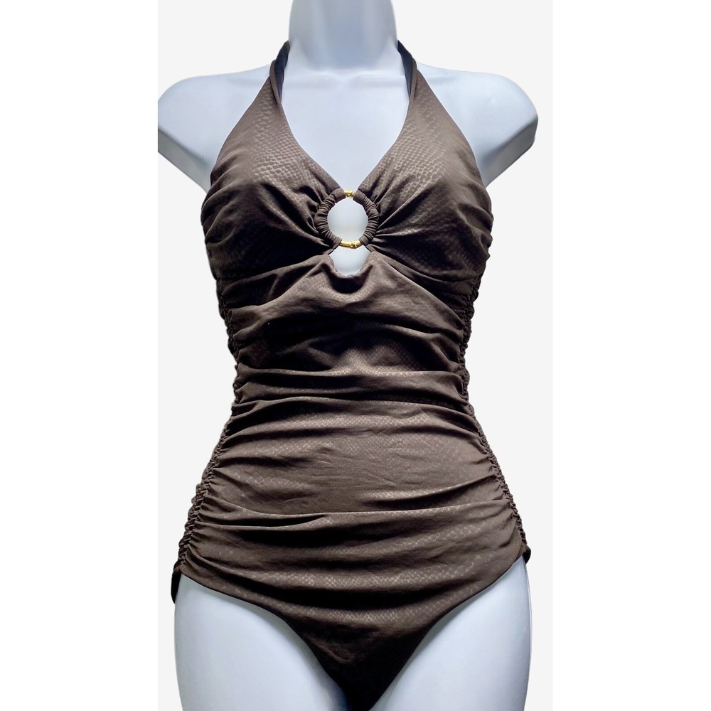 HEIDI KLEIN‎ Women One Piece Halter Ruched Underwire Swimsuit Sz 2 Brown 81-9